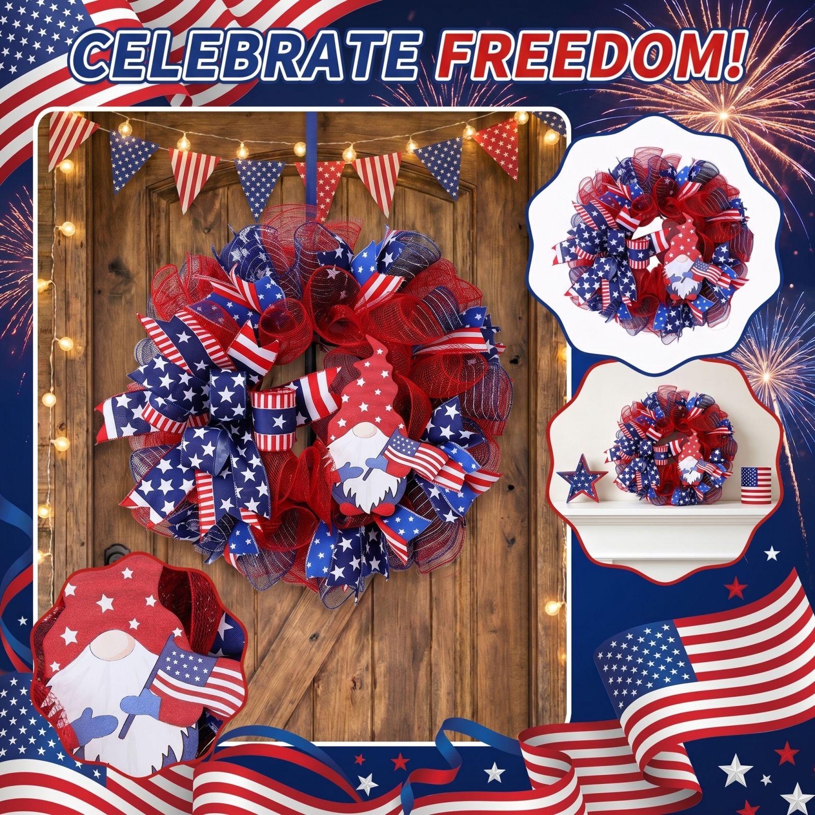 40CM Independence Day Wreath Decoration American Flag Wreath Door Hanging Home Window Festival Front Door Wreath One Size