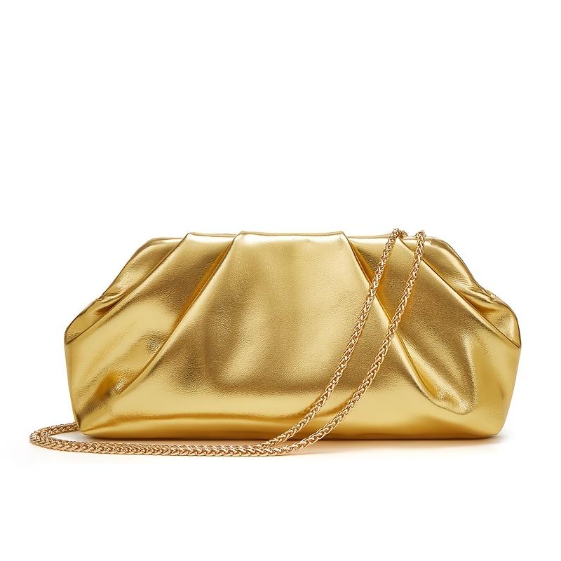 Elegant Golden Pleated PU Evening Clutch with Detachable Chain Strap Chic Women's Handbag for Dinner Parties and Formal Events Party Handbag Luxury