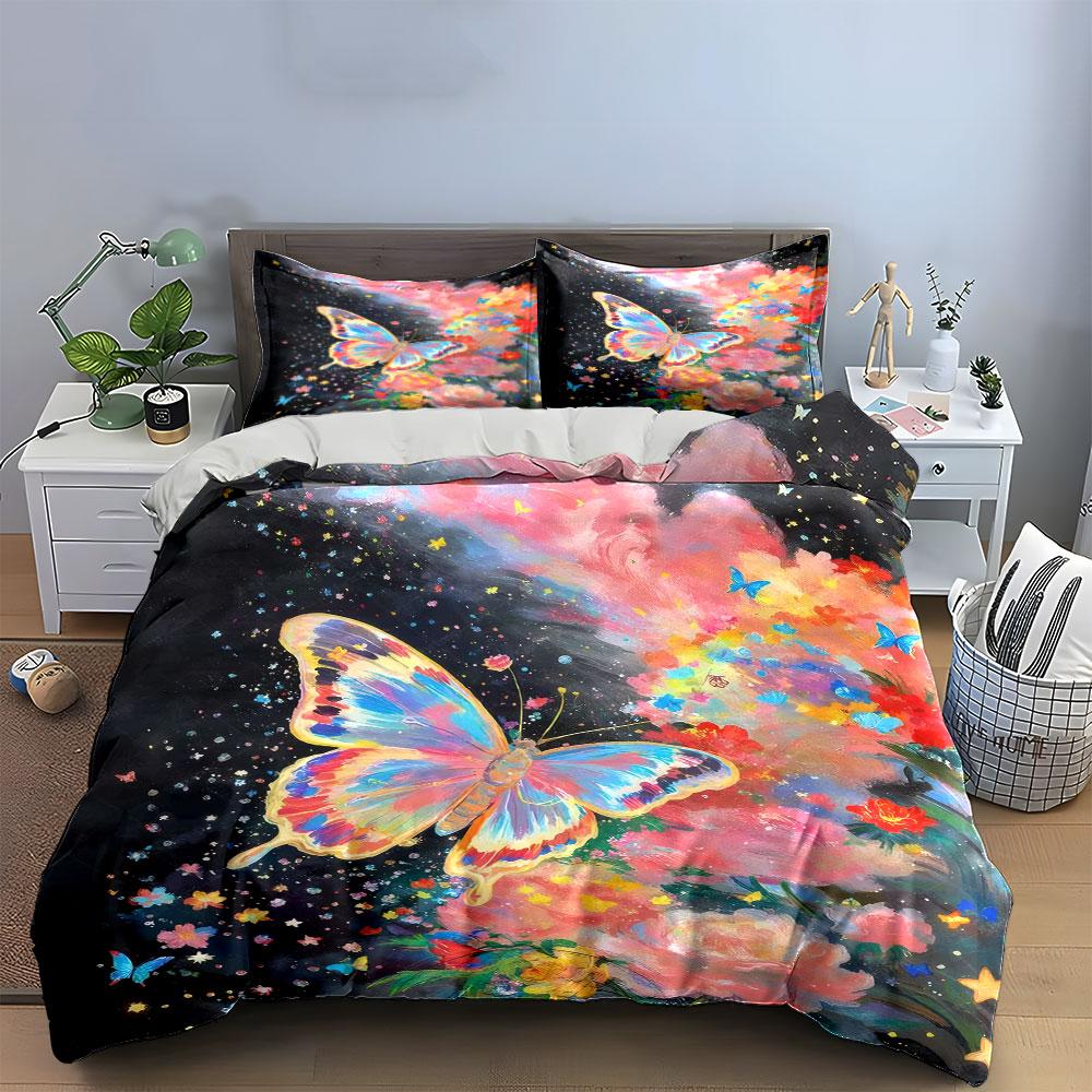 Whimsical Garden Bedding Set, Large Watercolor Butterfly with Pink Clouds and Flowers Print Duvet Cover, Dreamy Bedroom Decor