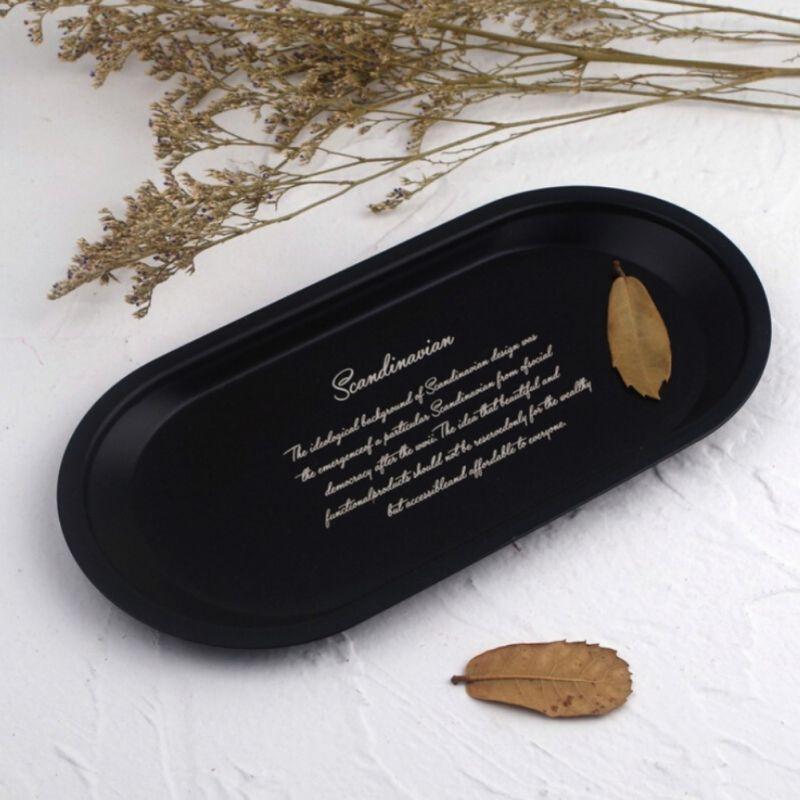 Household Black Lettering Metal Storage Tray Oval Dotted Fruit Plate Small Items Jewelry Display Tray