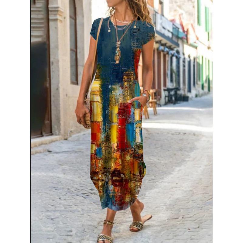BITCED Vestidos Casuais de Manga Curta com Gola Redonda para Verão e Primavera