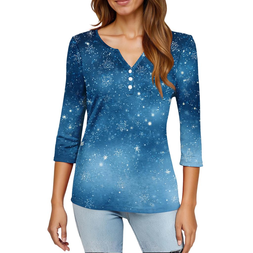 Women's Fashion Casual Christmas Tree Print V-Neck Decorative Button Three-Quarter Sleeve T-Shirt Top