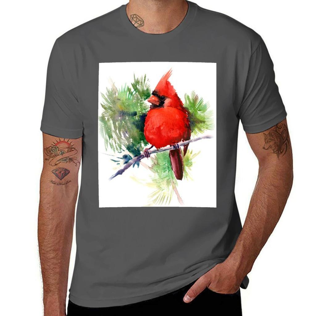 Red Cardinal Bird TShirt Heavy Duty Casual Work Tee TShirt