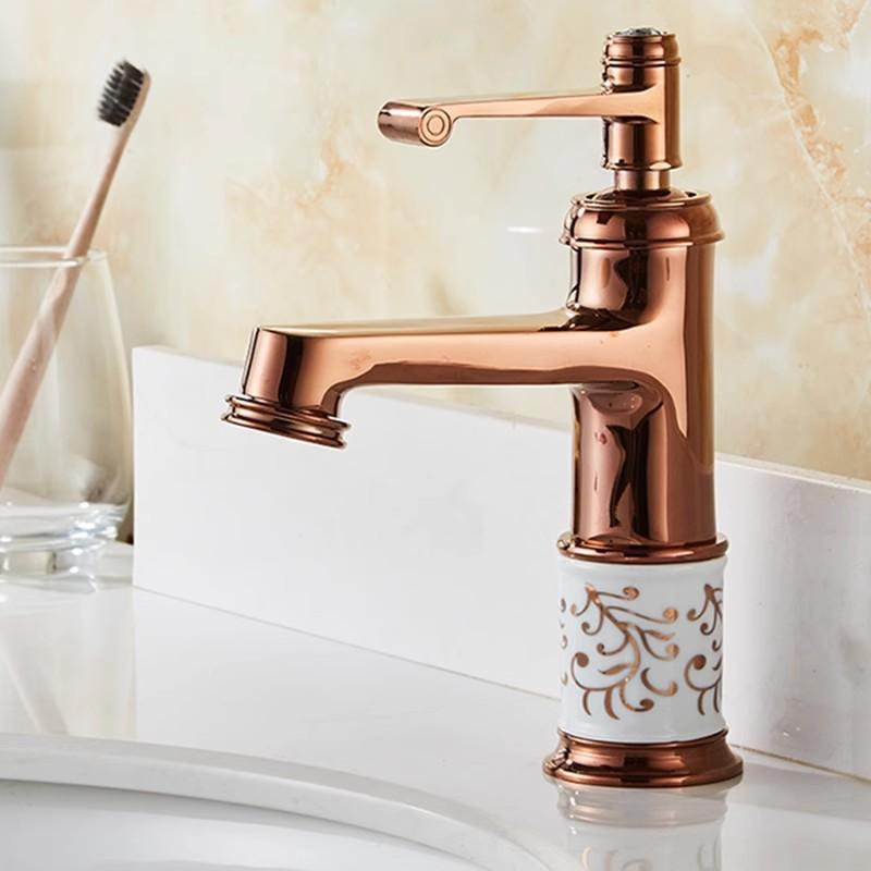 Gold Bathroom Faucet Brass and Ceramic Rose Gold Basin Faucet Deck Mounted Bathroom Water Tap Hot & Cold Mixer Tap Sink Faucet