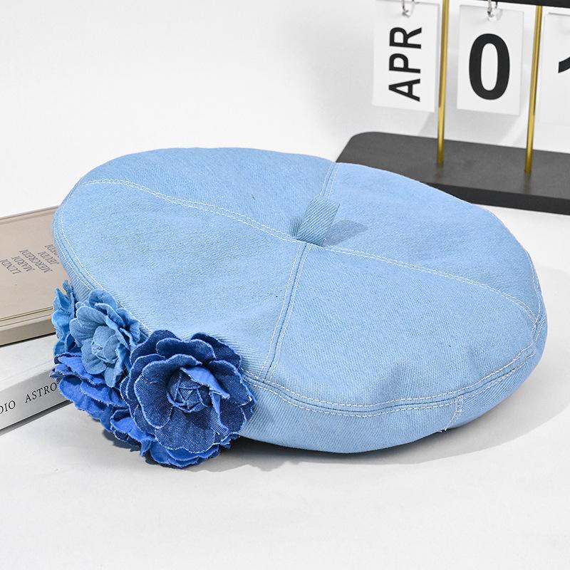 Retro Hat Female Summer Three-dimensional Flower Denim Beret Showing Face Small Camellia Painter Hat