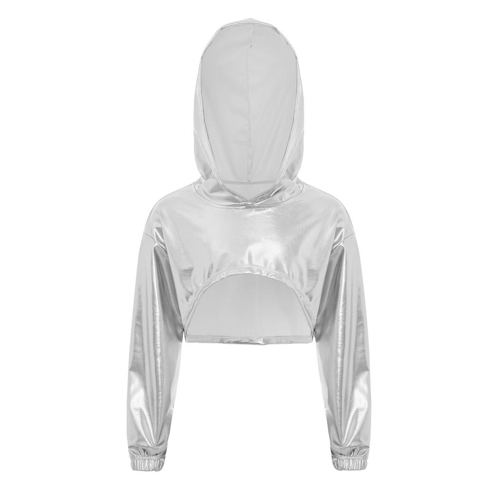 Costume de Performance de Danse Hip Hop Jazz pour Filles Ourlet Asymétrique Sweat à Capuche Métallique Haut Court à Manches Longues