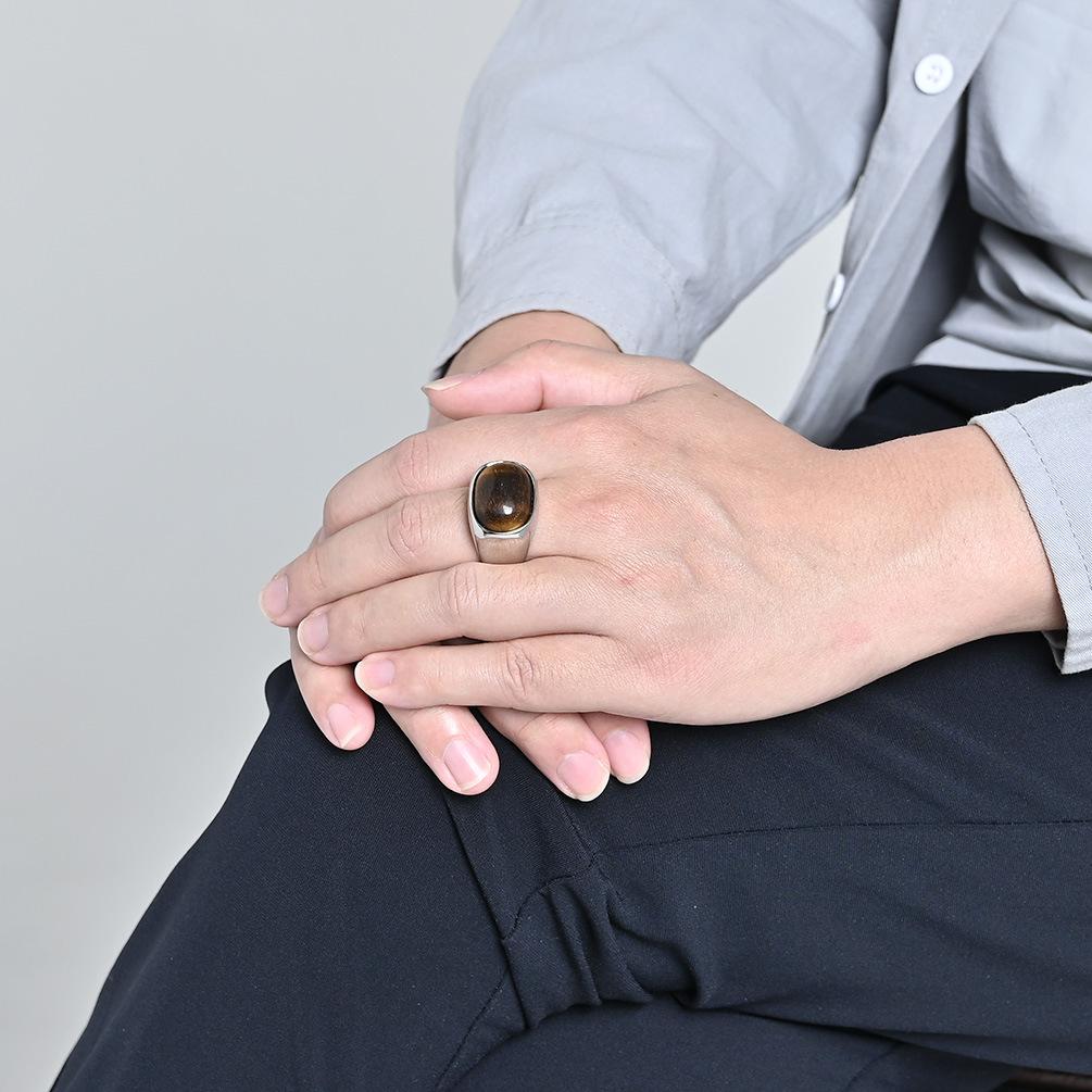 United States hot-selling retro simple natural tiger's eye stone gem titanium steel ring men's fashion personality high-end hand jewelry