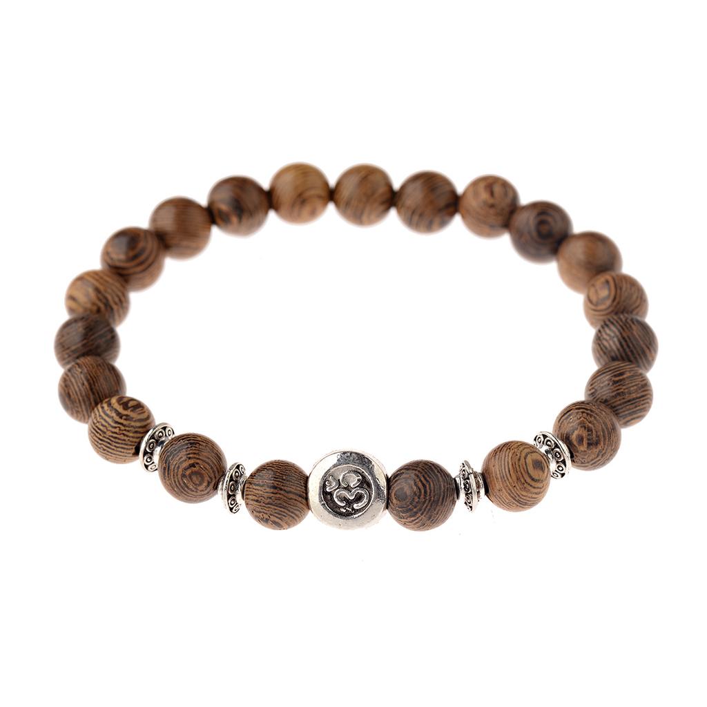 Natural Wood Beads Bracelet Women Men Yoga Meditation Prayer Om Pendant Wooden Jewelry Classic Sliver