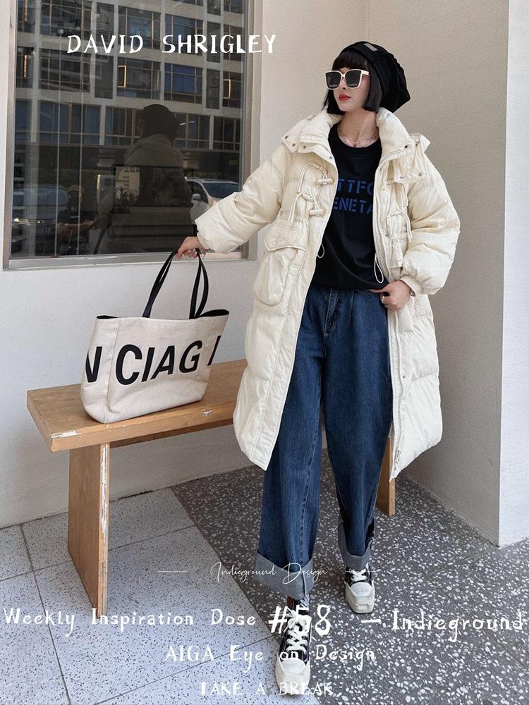 Anti-season autumn and winter new down jacket women's Chinese knot medium and long over the knee hooded waist thickened design sense niche