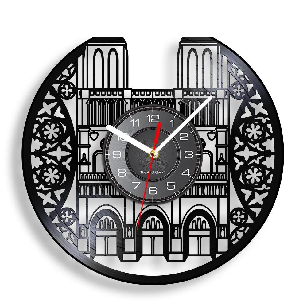 

France Triumphal Arch Handicraft Art Carved Music Album Clock French Historical Landmarks Home Decor Retro Vinyl Record Clock