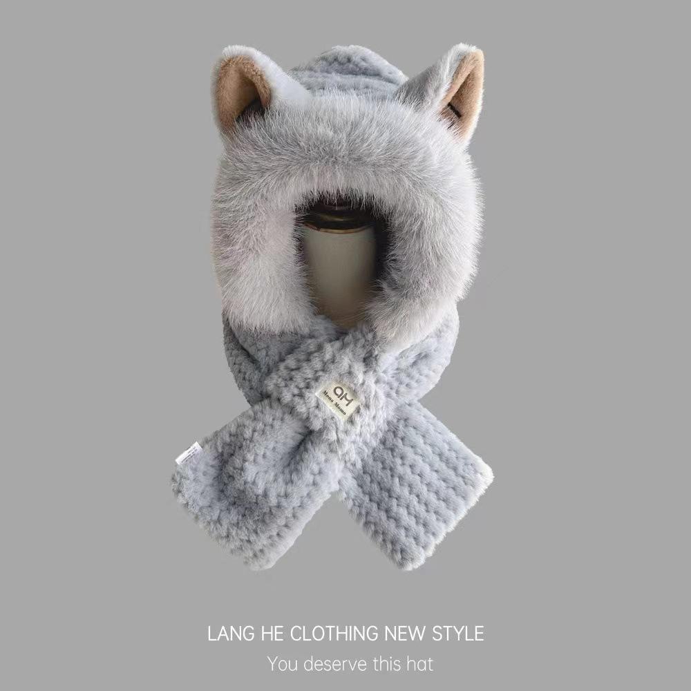 New cute plush hat and scarf two-piece set with fox ears, hat and scarf in one piece