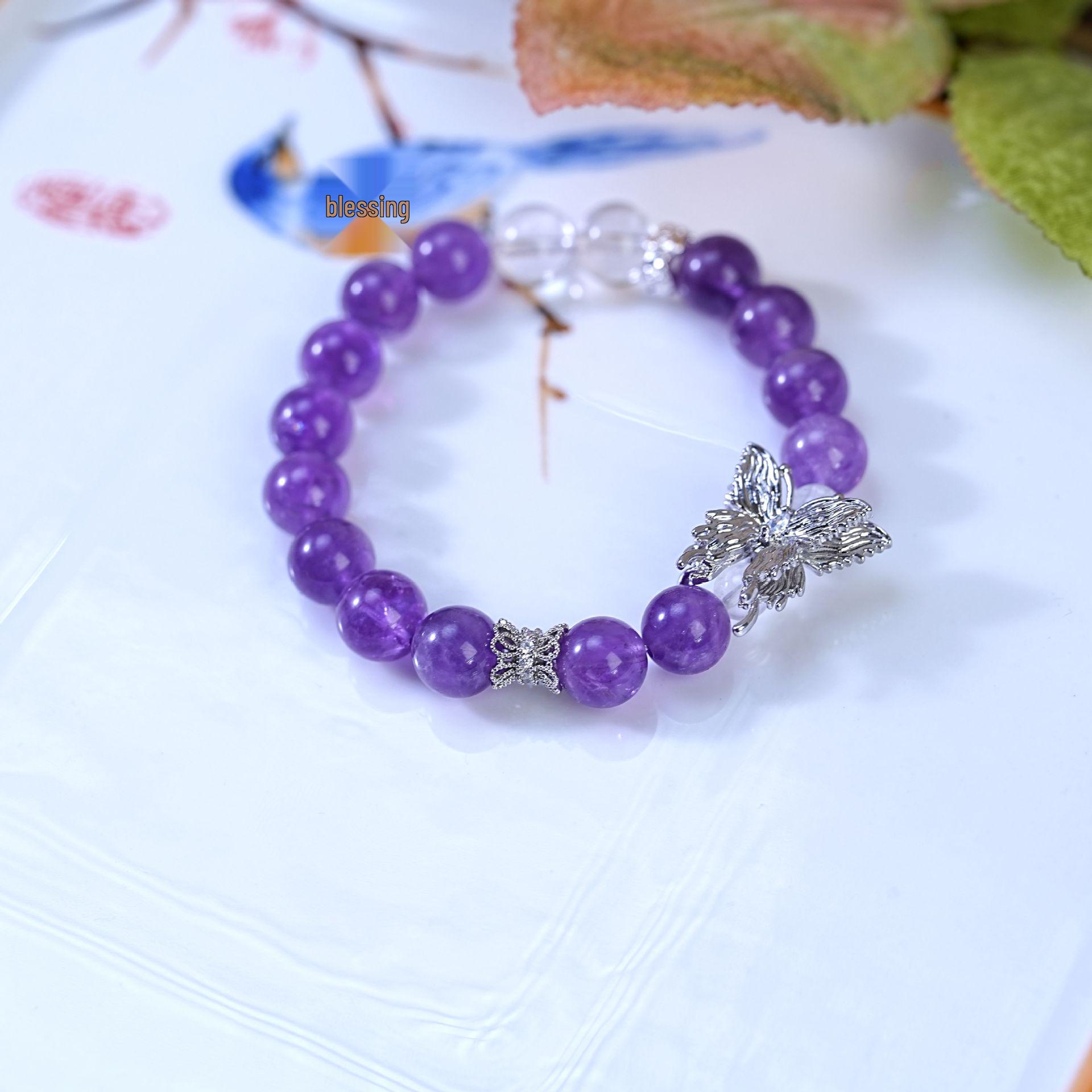 

Amethyst and White Crystal Beaded Butterfly Bracelet - Elegant Women s Jewelry Accessory