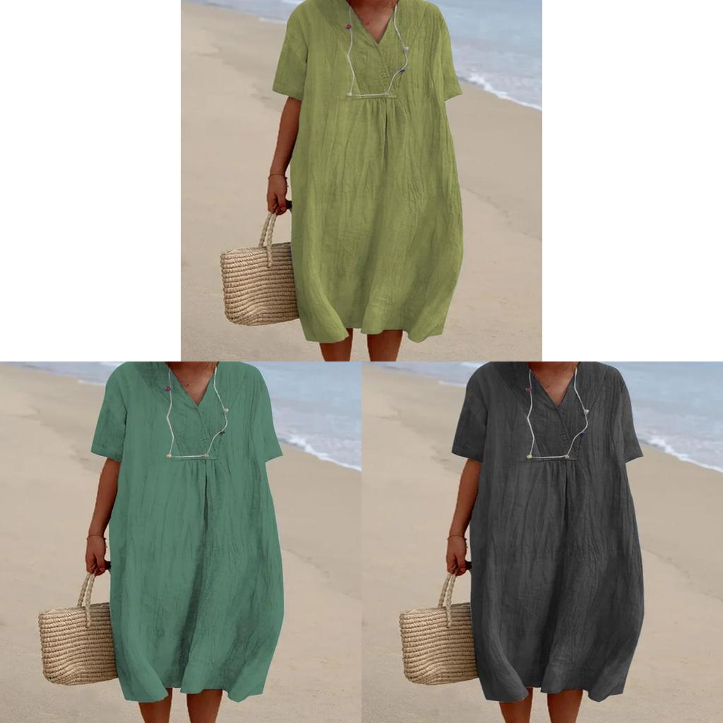 Cotton Linen Casual Dress With Vneck For Summer Womens Fashion