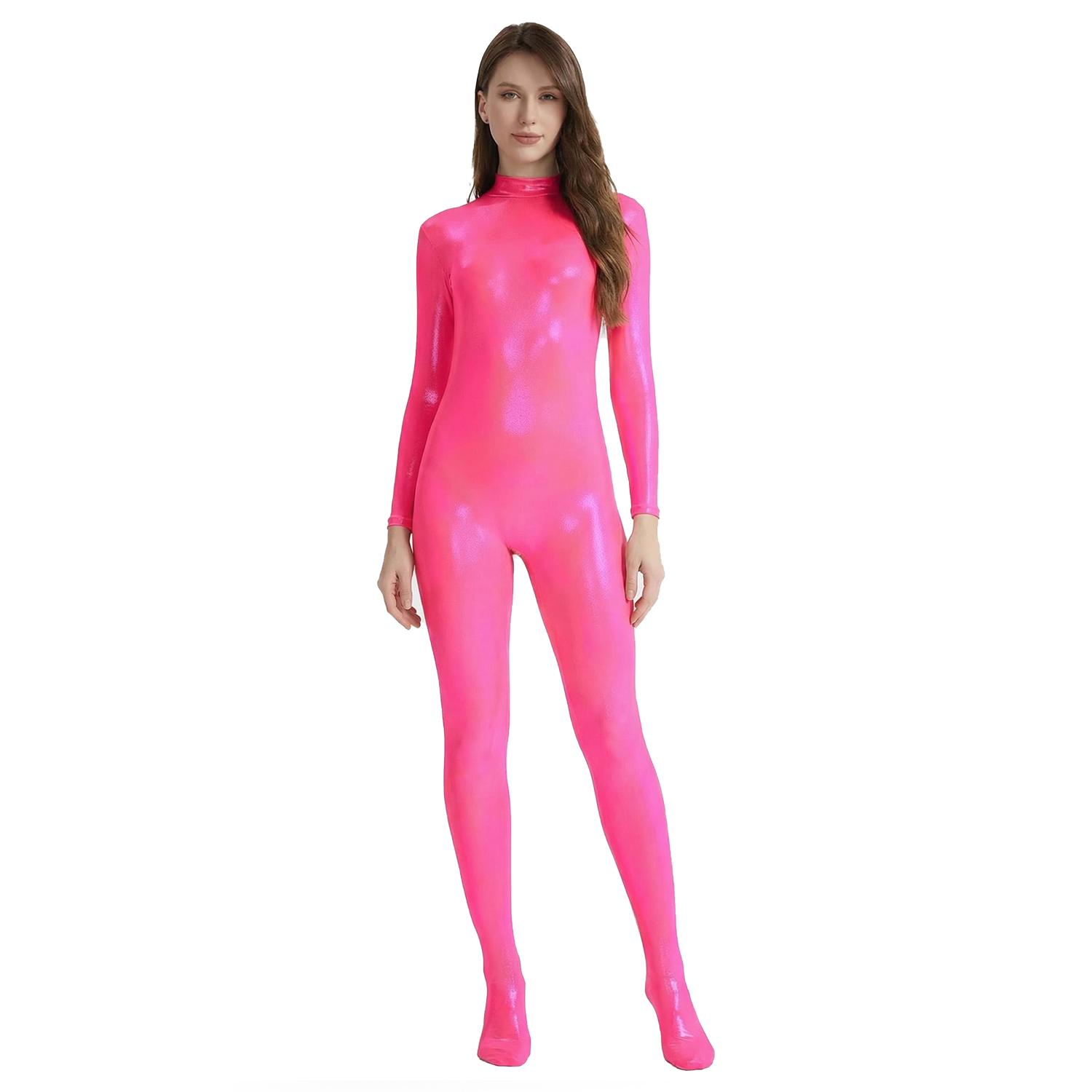 

Holographic Laser Shiny Zentai Bodysuit Turtleneck Footed Jumpsuit Oil Glossy Shaping Outfit For Cosplay Stage Dance Yoga Sports M