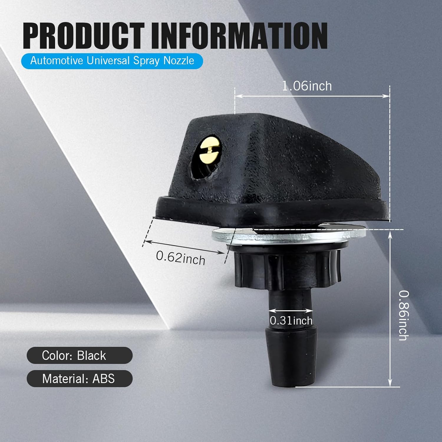 2 PCS Car Front Windshield Washer Nozzle, 0.31  Connector Single Hole Fan-Shaped 360 Degree Adjustable Uniform Spray, Wiper Nozzle Replacement,