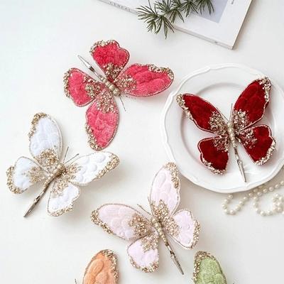 Premium Fabric Butterfly Christmas Ornament Glitter Butterfly Clip Decoration For Xmas Tree Wedding Party Holiday Home Decor