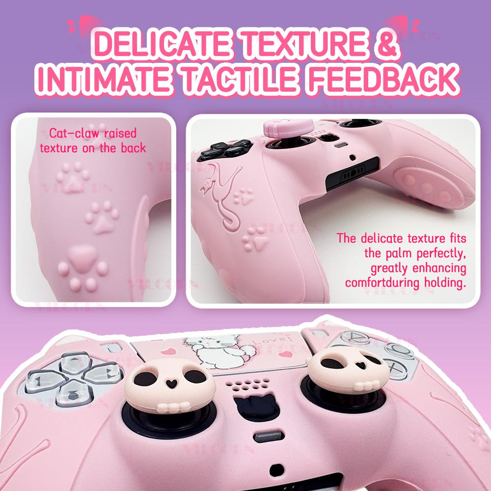 Silikonhülle Set für PS5 Controller Rutschfest Staubdicht Schutzhülle Abdeckung mit Daumengriffkappen Controller Skin Katzenpfote Aufkleber