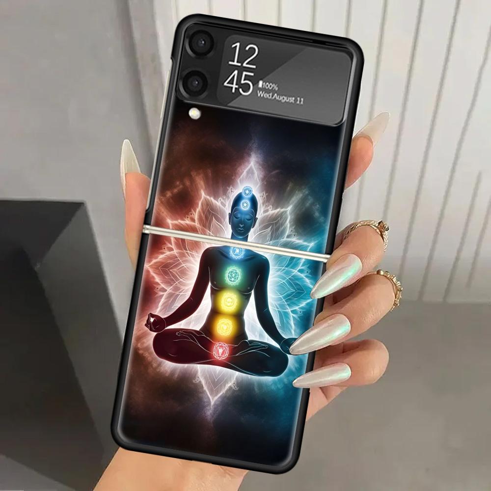 Yoga Chakra Spiritual Energy Universe Hard PC Phone Case For Samsung Galaxy Z Flip 7 6 5 4 3 Black ZFlip7 ZFlip6 Flip5 Flip4 Fli