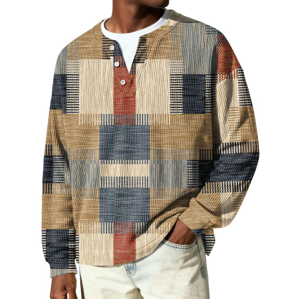 Męski sweter z dzianiny prążkowanej z długim rękawem, z kołnierzykiem zapinanym na guziki