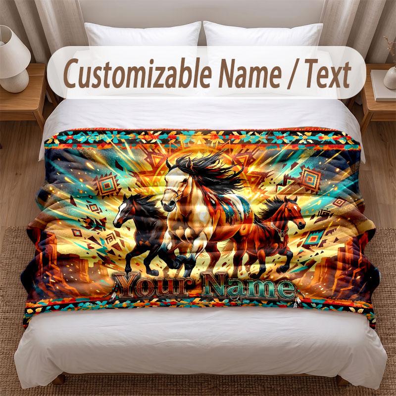 Horse Theme Soft Blanket Personalized Custom Name Text Print Warm Blanket Home Sofa Bedroom Decor