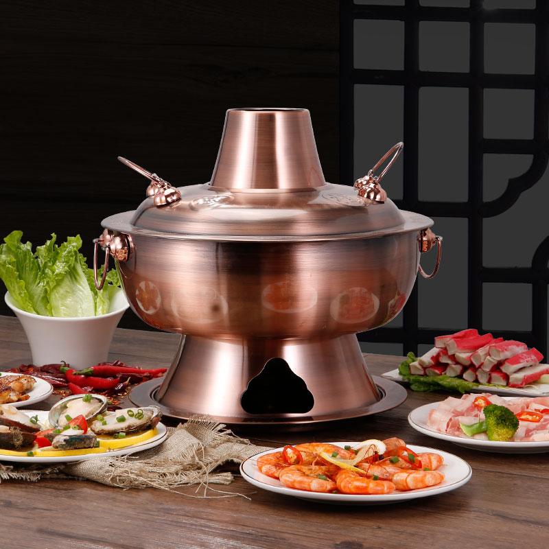 Deluxe Chinesischer Stil Edelstahl Holzkohle Heißtopf 28/32/34/36 Koch Kupfer Thai Shabu Topf