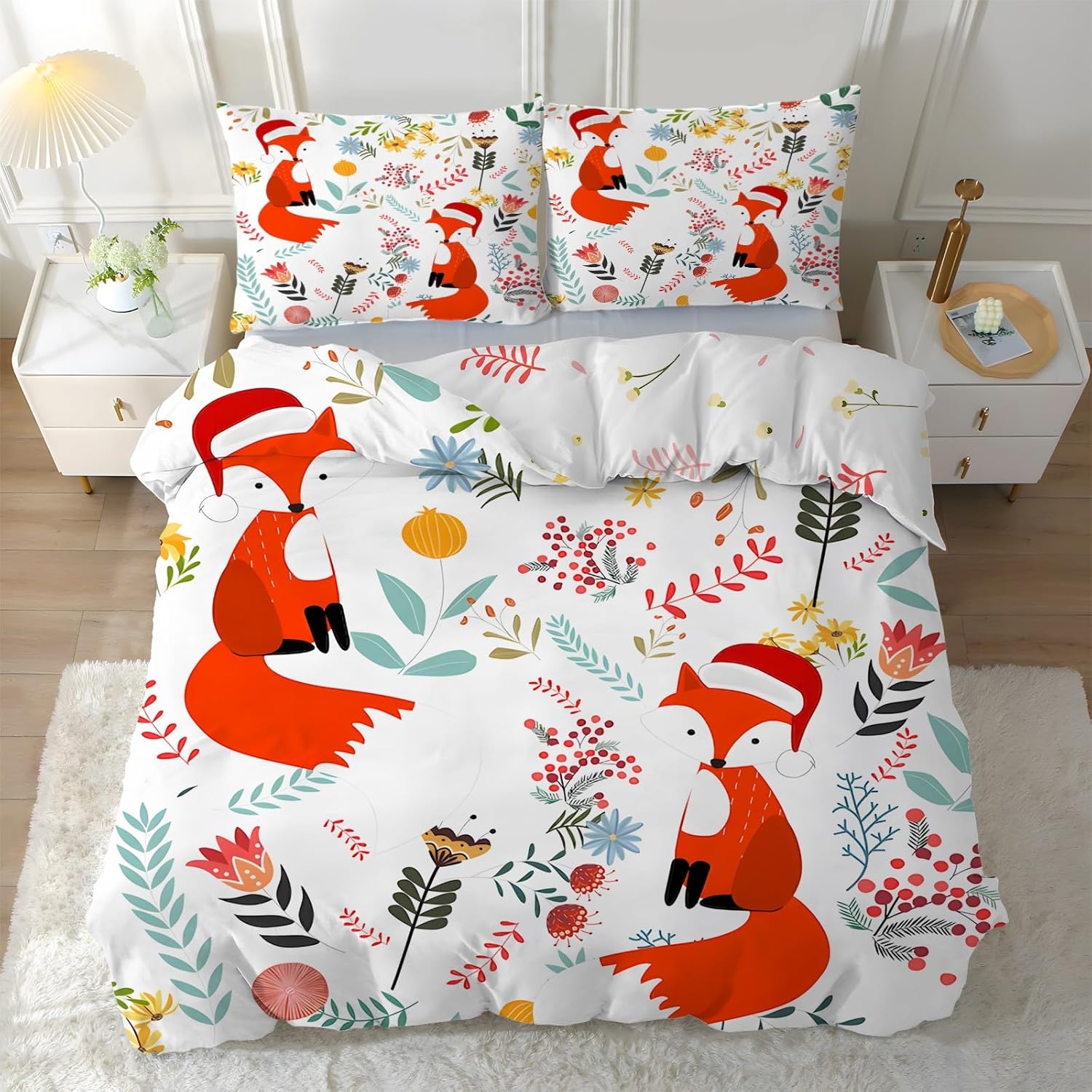 Schattige Cartoon Vos Beddengoed Set, 3D Print Zacht en Comfortabel Omkeerbaar Eenpersoons Dekbedovertrek met Kussensloop Slaapkamerdecoratie Cadeau 135x200cm 3pcs&Duvet Cover
