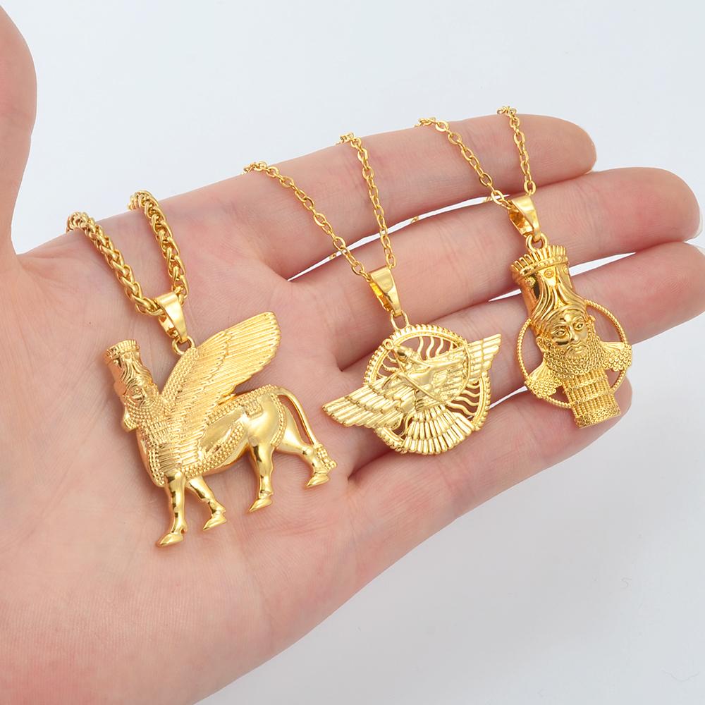 Anniyo Ashur Pendant Necklaces for Women Men Lama,Lamma,Winged Bull Lamassu is an Assyrian Protective Deity Jewelry #330806