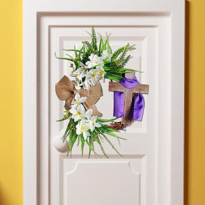 Spring Decoration Easter Wreath With Cross Bow Tie, Rustic Grapevine Spring Wreath Decorating DIY Easter Front Door Wreath Decoration