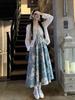 French Retro Summer Floral Suspender Skirt Oil Painting Suspender Dress New Set Hollow Cardigan