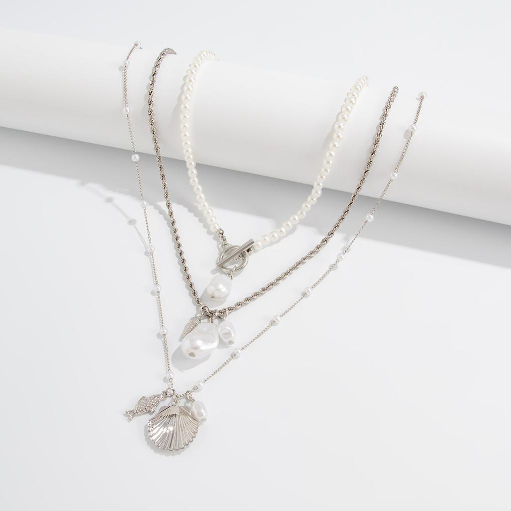 ins imitation pearl stacked shell pendant necklace, temperament beach beaded fish OT buckle jewelry