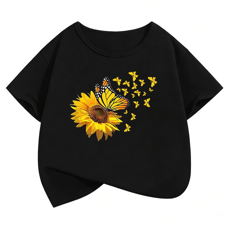 Fashion Butterfly Flower Design TShirt Printed T Shirt Girls Summer Cartoon Short Sleeve Tops TShirts Cute Girls Clothing