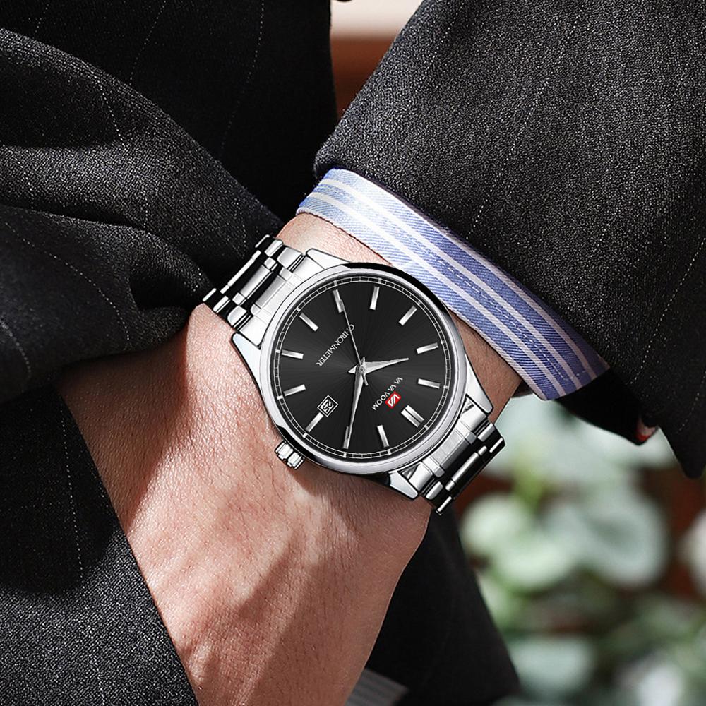 Business Men's Watch VA VA VOOM Fashion Trend Blue Stainless Steel Waterproof Quartz Movement Boutique Men Casual Wristatch