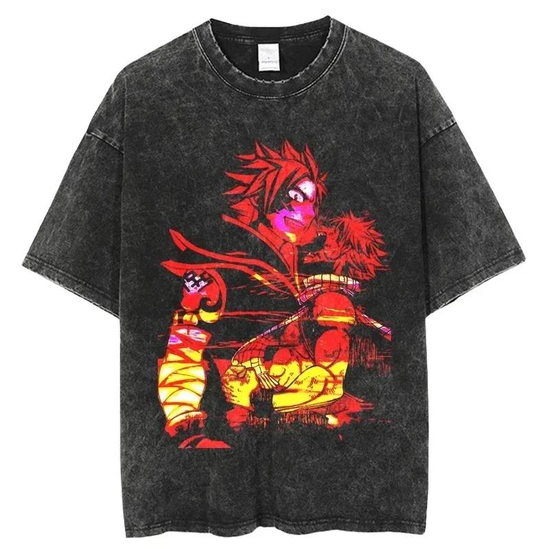 2026 Summer Vintage Washed Fairy Tail Manga Cover Anime T-Shirt Unisex Oversized Streetwear Cotton Short Sleeve Casual Tops