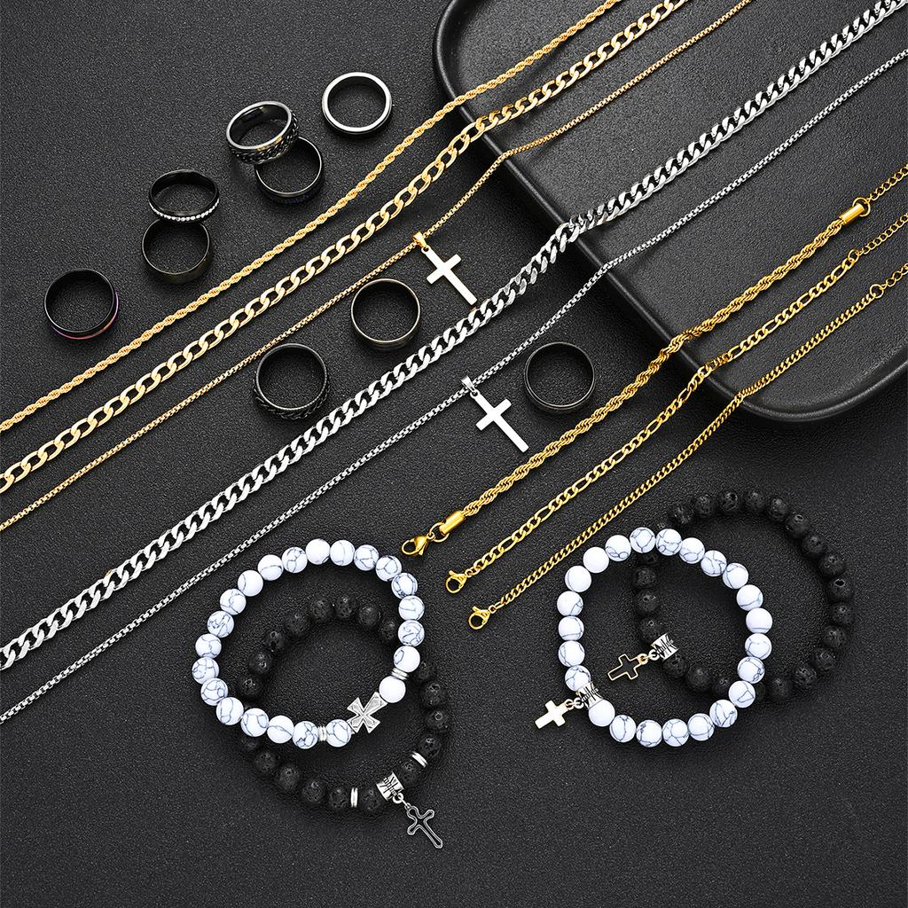 21 Pcs Cross Jewelry Set For Men Stainless Steel Volcanic Stone Beaded Bracelets Cuban Link Chain Necklaces Rings Multipack Gift