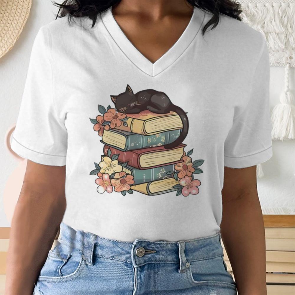 Fun Cat Mom & Book Lover Print V Neck T Shirt Women Bookish Cat Mom Streetwear Short Sleeve Unisex Vintage Bookworm Y2K Tops