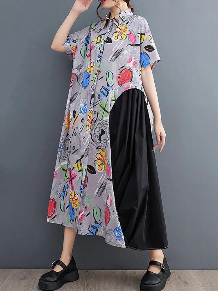 Xitao Loose Patchwork Dress Turn Down Collar Short Sleeve Single Breasted Dress LYD1757