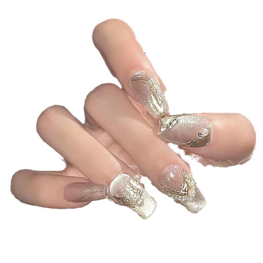 Handmade Full Cover Finished Press On Nails High End French Crystal Cat Eye Nail Stickers Reusable Detachable