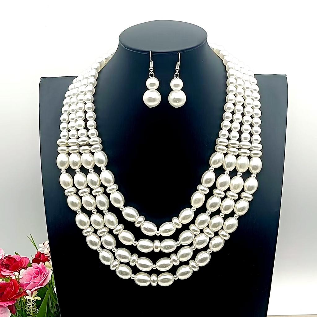 Europe and the United States hot sale fashion simple ball party multi-layer pearl necklace earrings set
