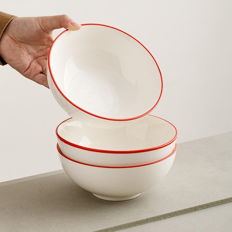 6.6-inch Red Line Rice White Porcelain Bowl, 750ml - Perfect for Soup, Noodles, or Salads