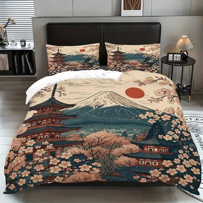 Bettwäsche mit Fuji-Motiv, Schlafzimmerdekoration, japanischer Digitaldruck, dreiteiliger Bettbezug, Heimtextilien