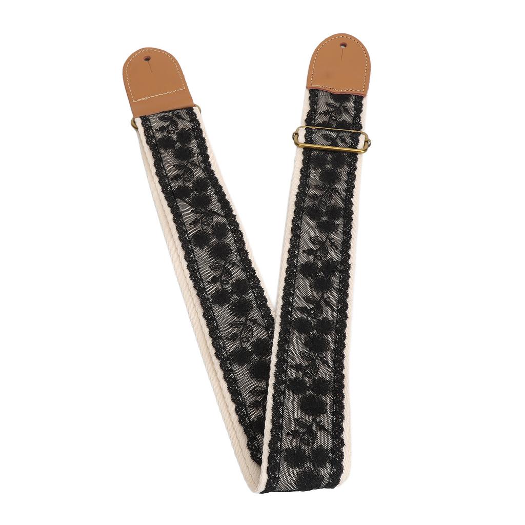 Kytarový popruh Černý krajkový design Nastavitelná délka Univerzální popruh pro basové, elektrické, akustické kytary