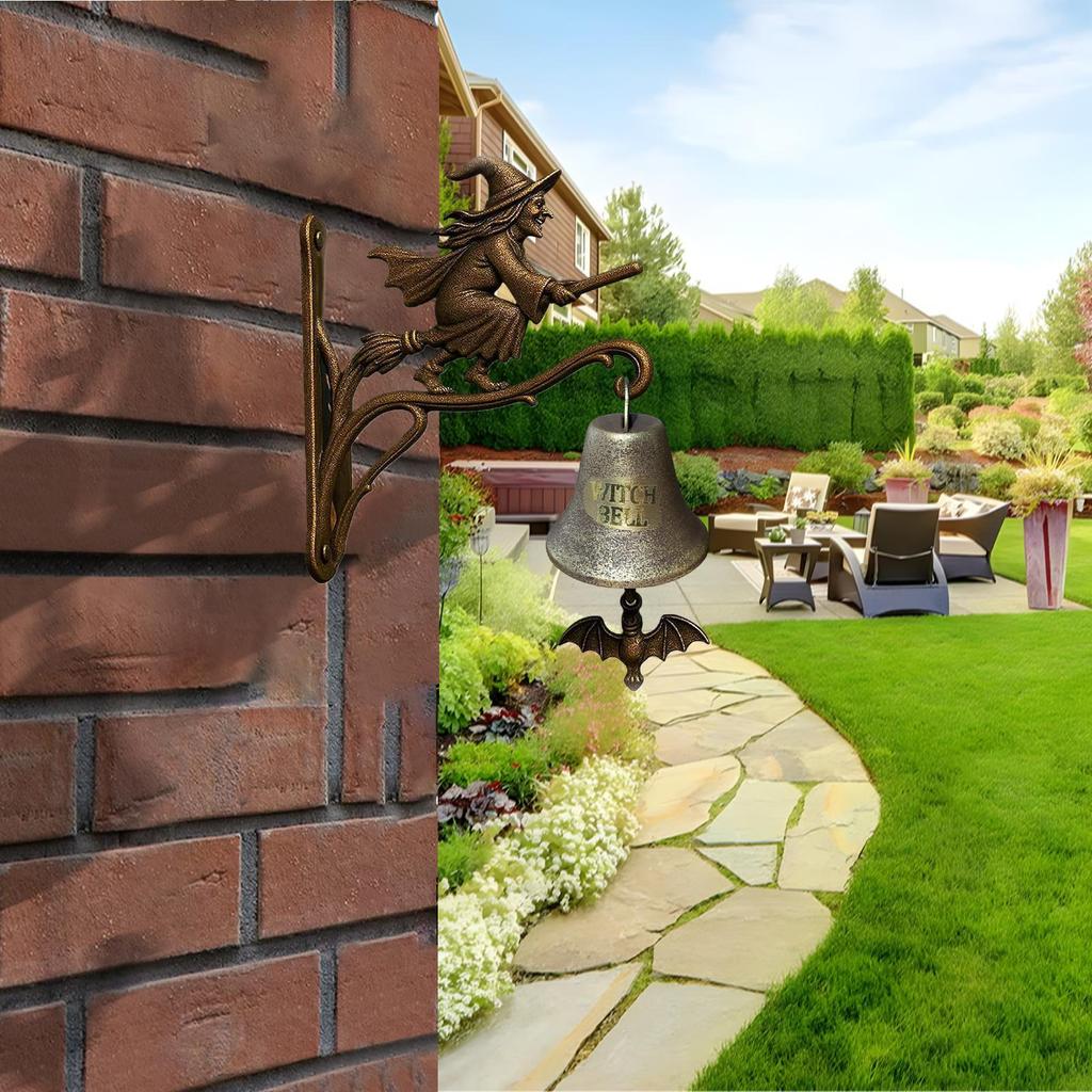 Campainha de bruxa de Halloween vintage Ferro fundido Decorações de Halloween Montada na parede bruxa Campainha Decoração de entrada de jardim ao ar livre