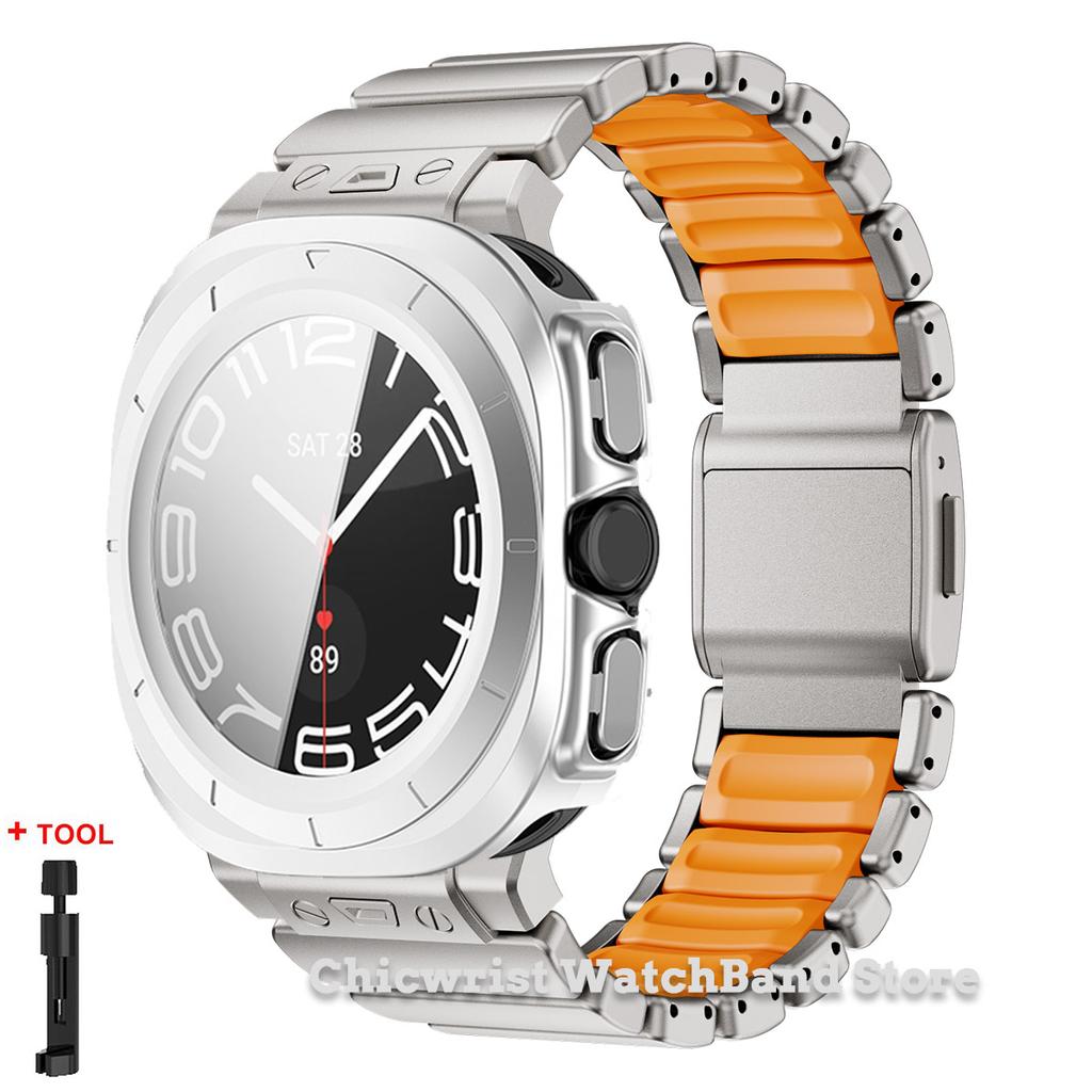 Armband+Hülle für Samsung Galaxy Watch Ultra 2025/7 ultra Edelstahl Gummiarmband Gehärtetes Glas Displayschutz Hülle aus Hart-PC