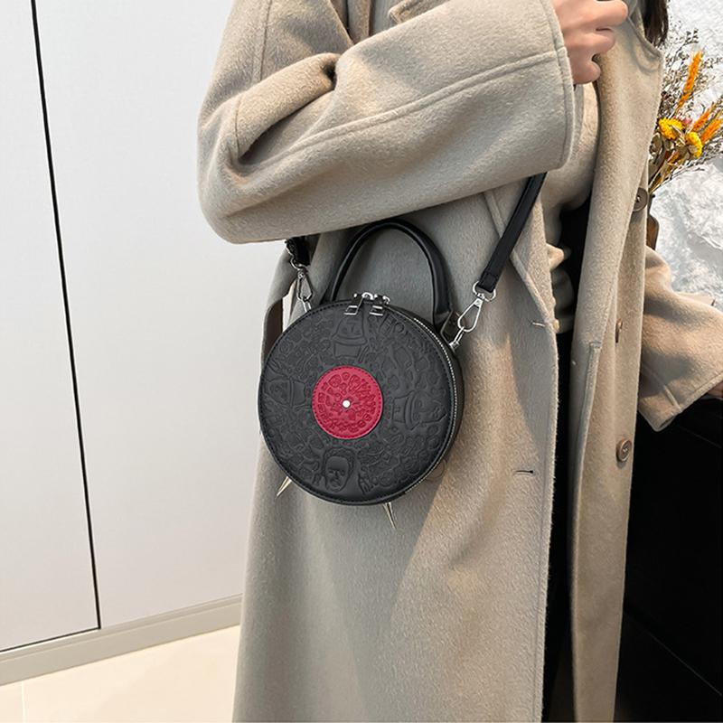 Personalized Creative Small Round Bag New Fashion Women's Niche Retro Record Shape Bag Ins Ladies PU Crossbody Bag KTB