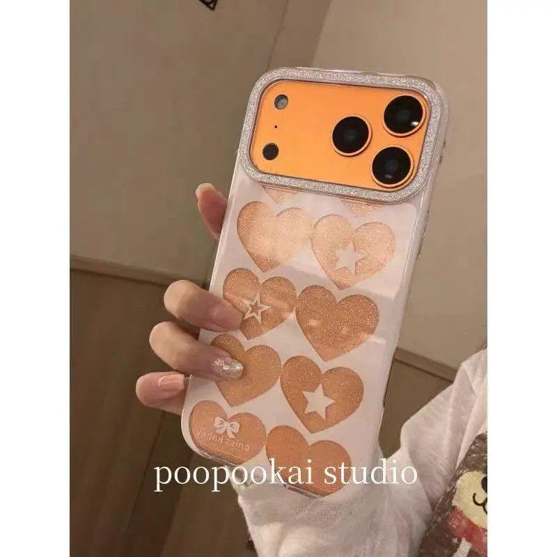 Korean INS Hollowed Out Love Heart Glitter Phone Case For iPhone17 Air 16 15 14 13 12 11Pro Max 78Plus XSMax Anti Fall Y2k Cover