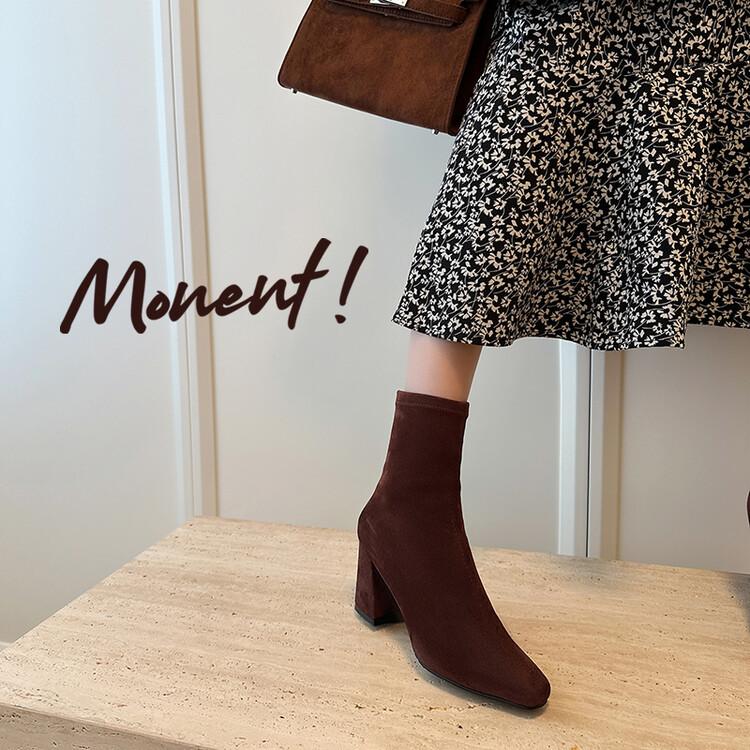 Intellectual Elegance Commuter High Heel Thin Boots 2025 Autumn and Winter New Small Square Head Side Zipper Elastic Bag Legs Short Boots Women