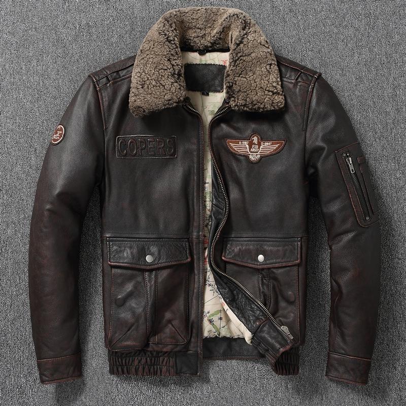 Genuine Leather Jacket Men Brown Vintage Distressed Thickened Warm Large Size Detachable Fur Collar