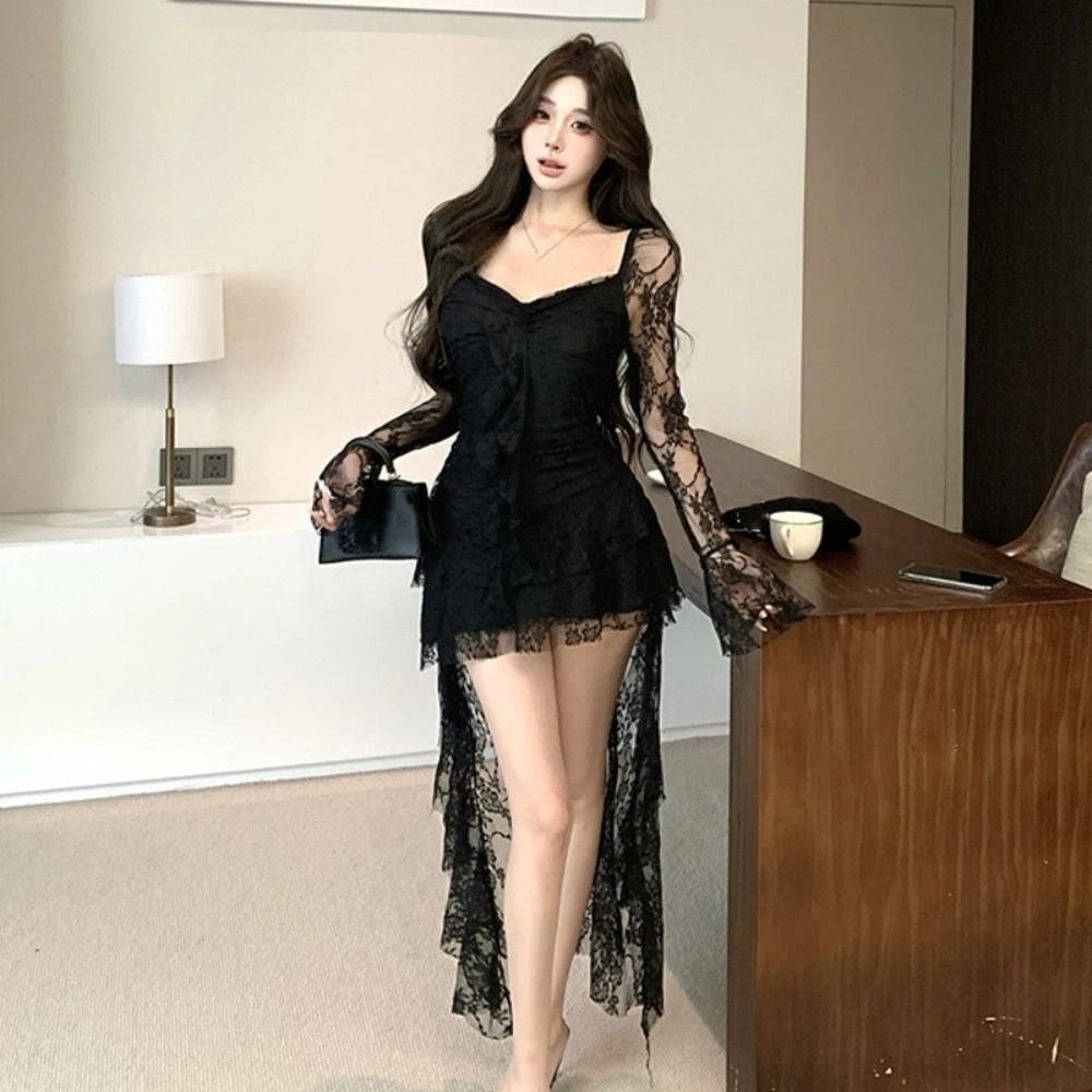 Ruffled Edge Lace Pleated Irregular Dress Transparent Lace Dress Women Full Skirt For Girls