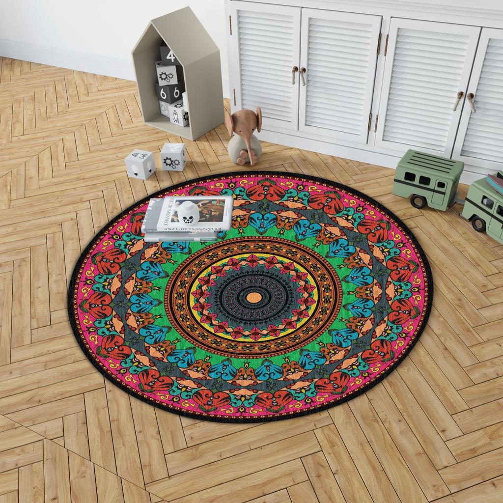 Round Area Rug With Mandala Geometric Patterns In Rich Colors Artistic Bohemian Style Soft Durable Floor Decor For Bedroom