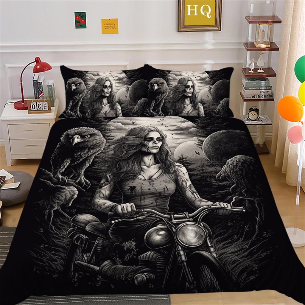 3D Dark Beauty Motorcycle Printed Bedding Set Beauty Skull Head Duvet Cover 2/3 Pieces AU180 * 210 Super Big Bed Room Quick Drying Home Decoration